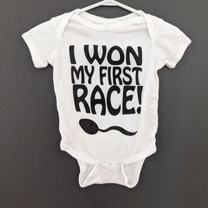 "I won my first race" white onesie/bodysuit